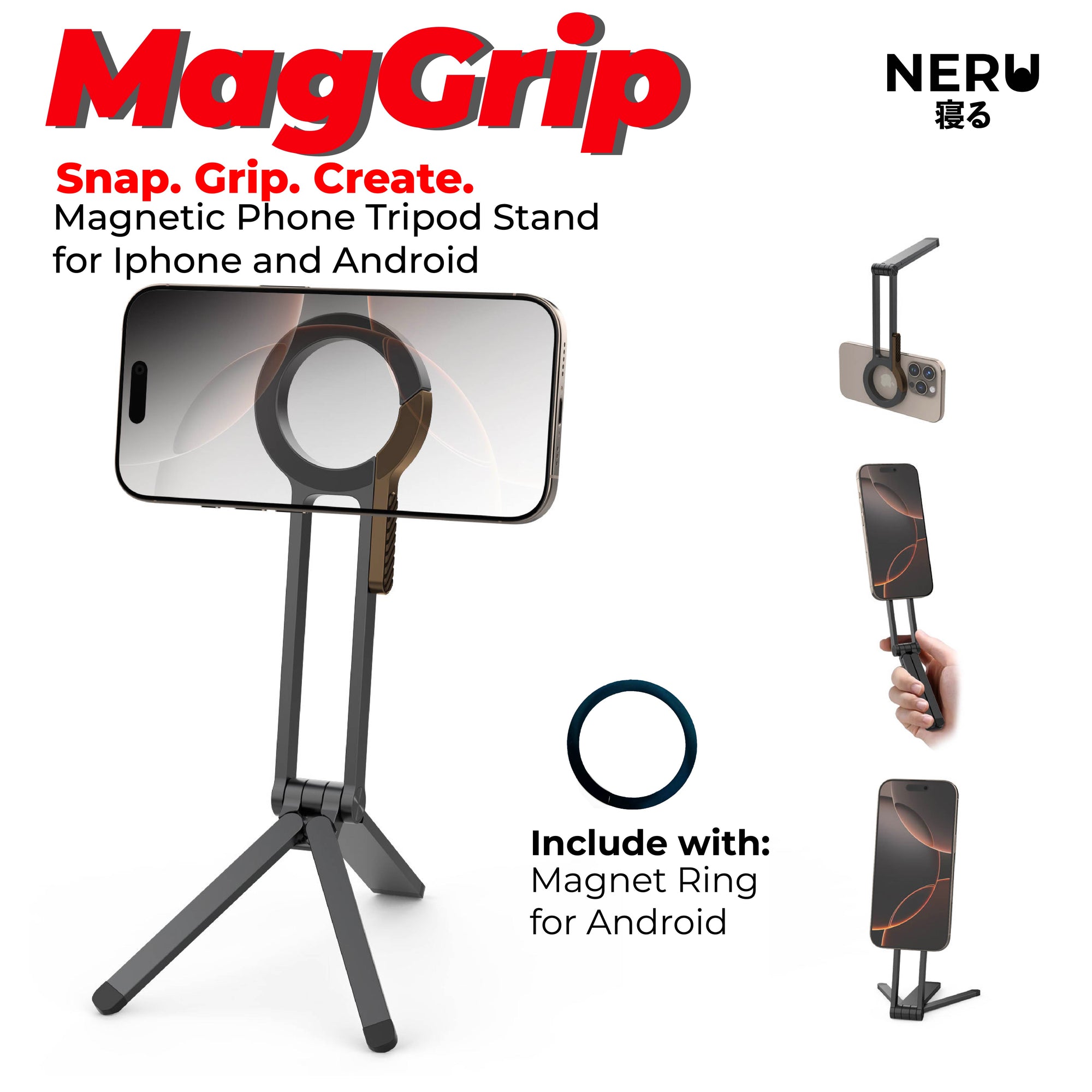 Neru MagGrip Magnetic Tripod HP handphone Stand Magsafe Magnetik Lipat Carabiner Hook Premium