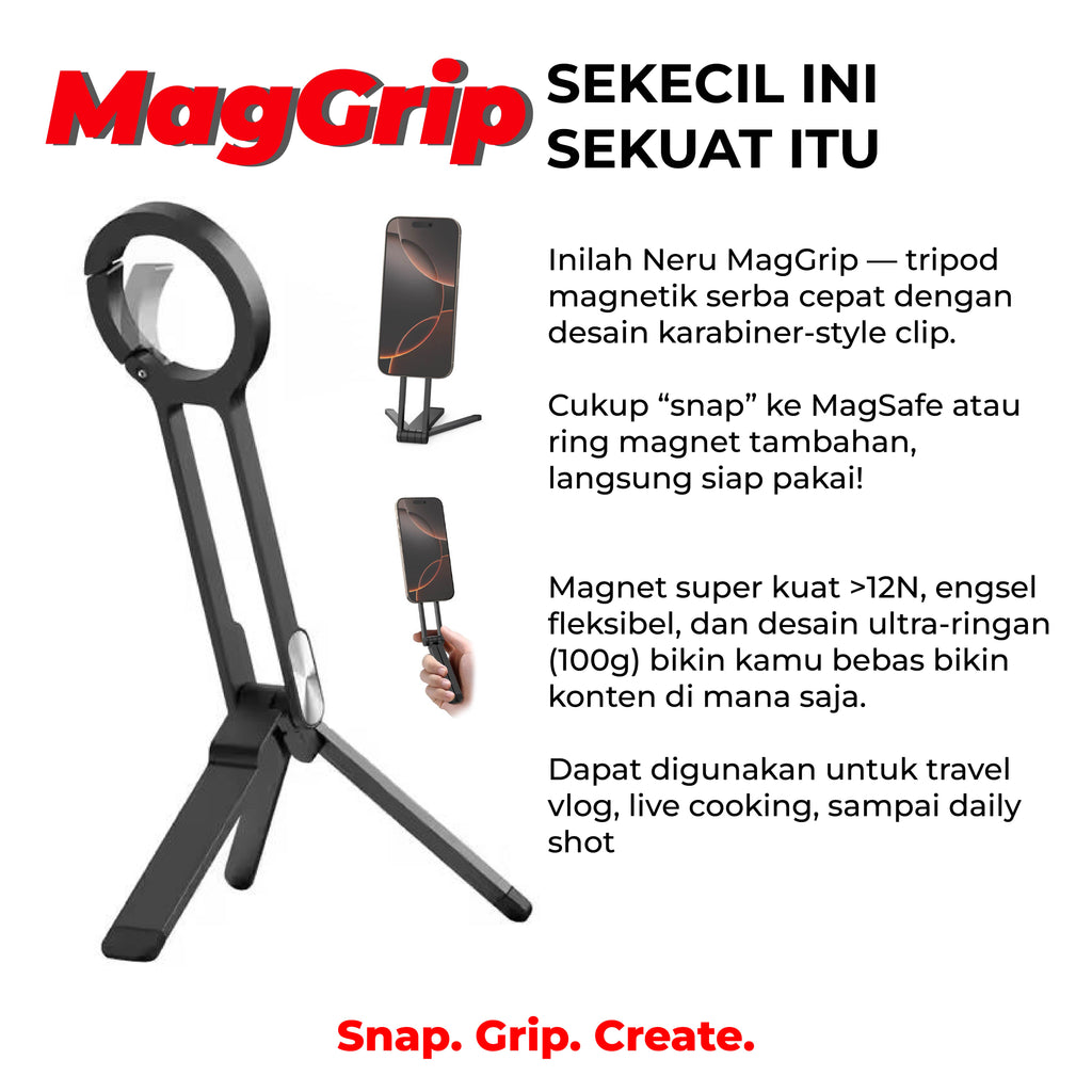 Neru MagGrip Magnetic Tripod HP handphone Stand Magsafe Magnetik Lipat Carabiner Hook Premium